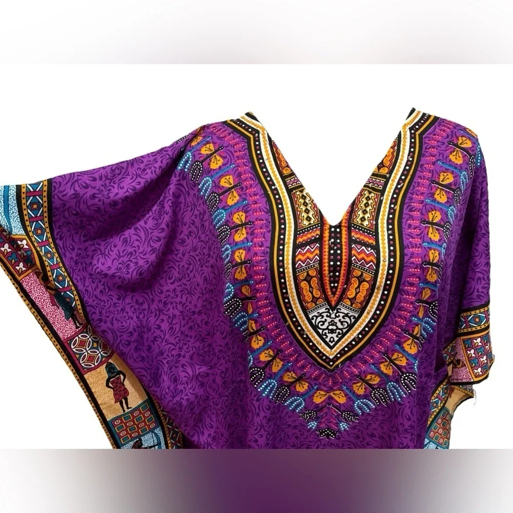 80s 2PCs KAFTANS 1 PURPLE WHIMSICAL DASHIKI EGYPTIAN 1 GREEN PAISLEY PRINT M - Picture 5 of 8